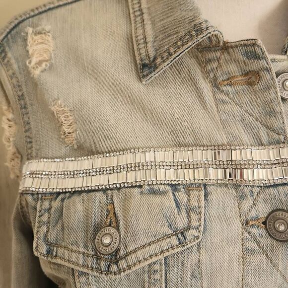 Aeropostale Upcycled Bleached and Distressed Denim Trucker Jacket, "Angel Wings" - Picture 2 of 11